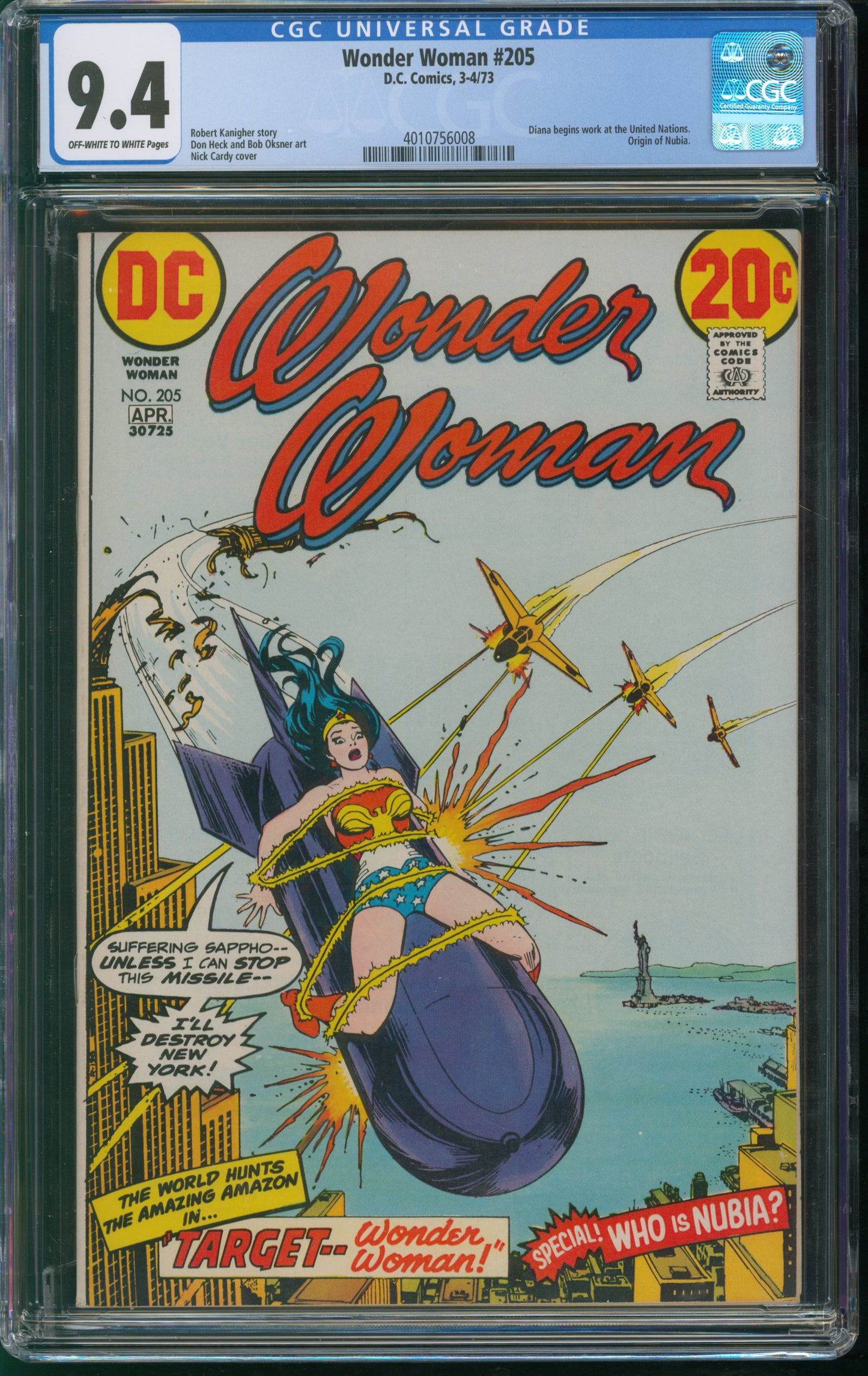 D.C. Comics Wonder Woman #205 3-4/73 CGC 9.4 Off-White to White Pages