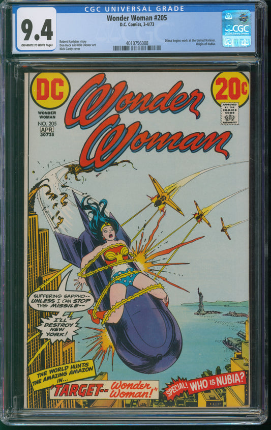 D.C. Comics Wonder Woman #205 3-4/73 CGC 9.4 Off-White to White Pages