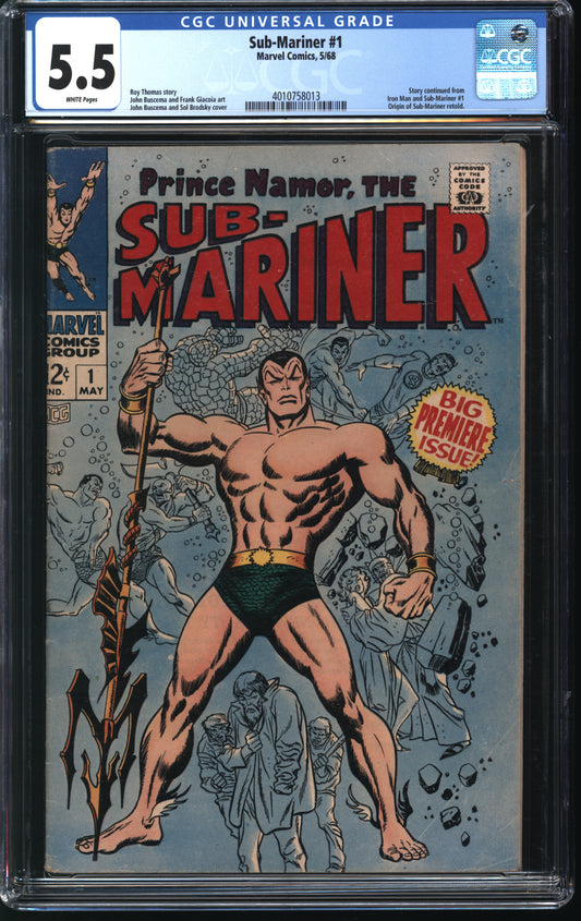 Marvel Comics Sub-Mariner 1 5/68 CGC 5.5 White Pages