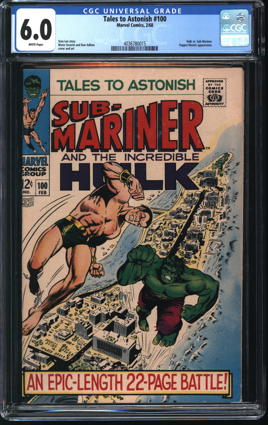 Marvel Comics Tales to Astonish 100 2/68 CGC 6.0 White Pages