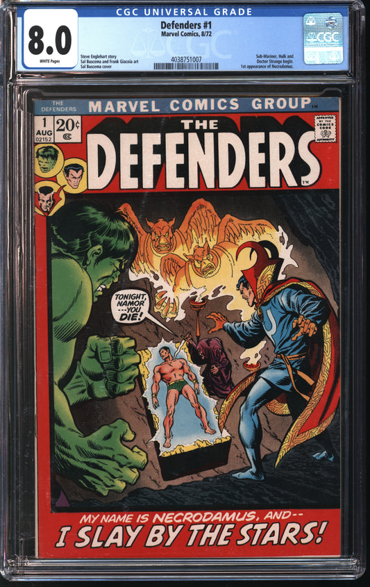 Marvel Comics Defenders 1 8/72 CGC 8.0 White Pages