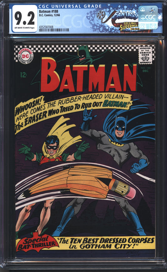 D.C Comics Batman 188 12/66 FANTAST CGC 9.2 Off White to White Pages