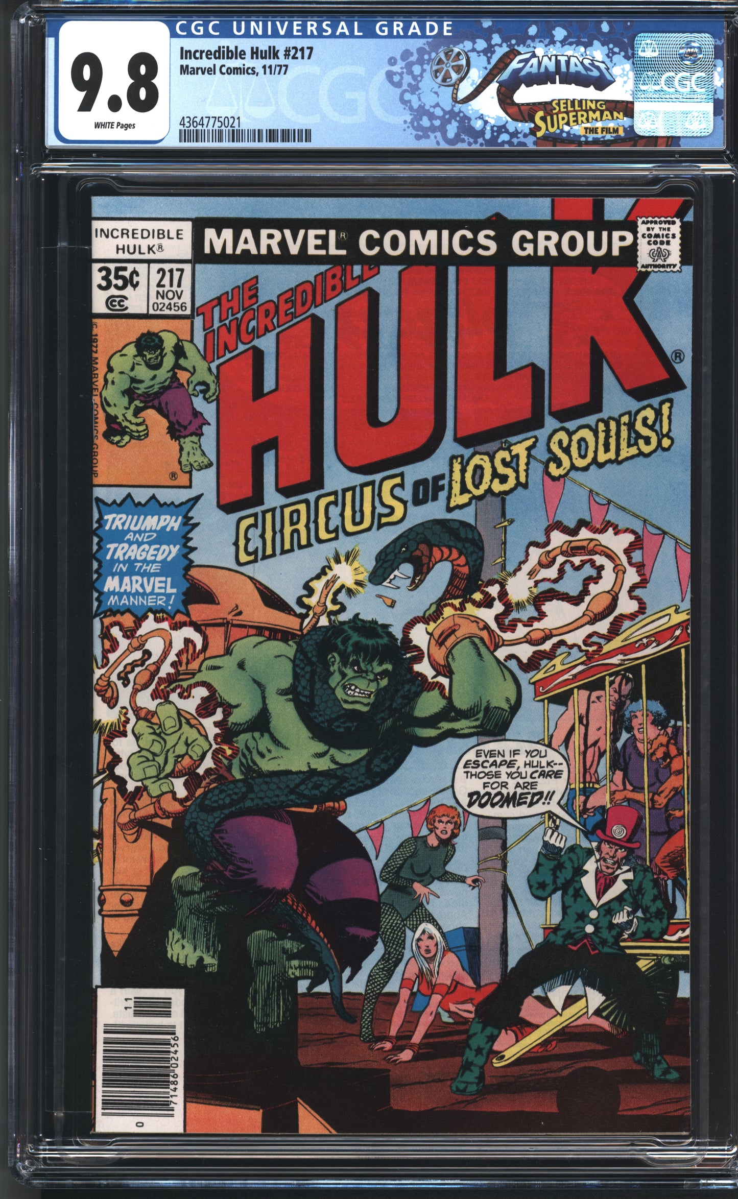 Marvel Incredible Hulk 217 11/77 FANTAST CGC 9.8 White Pages