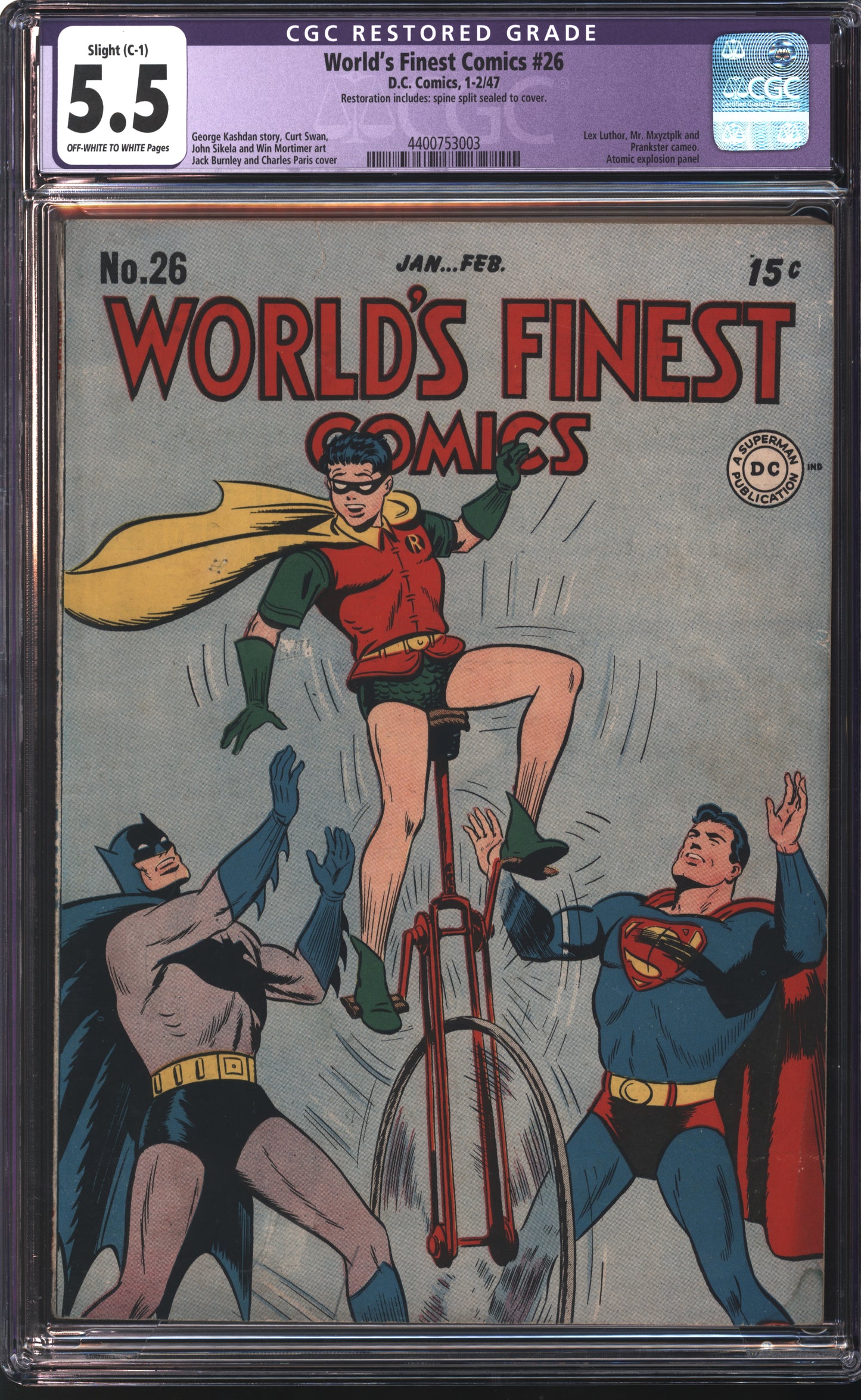 D.C Comics World's Finest Comics #26 1-2/47 Restored CGC 5.5 Off White to White Pages