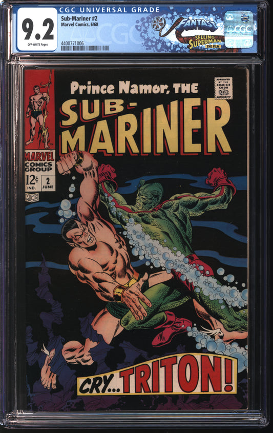 Marvel Sub-Mariner #2 6/68 FANTAST CGC 9.2 Off White Pages