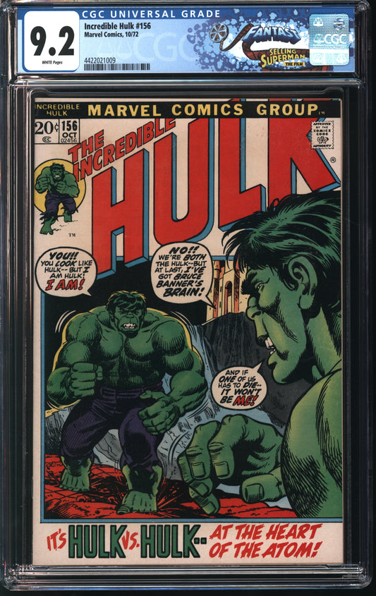 Marvel Comics Incredible Hulk 156 10/72 FANTAST CGC 9.2 White pages