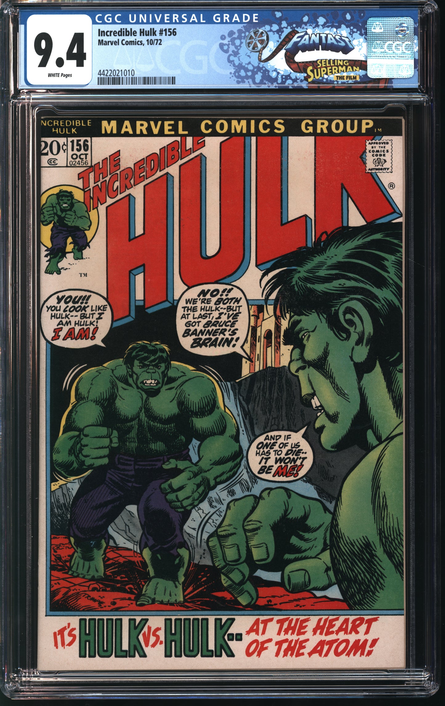 Marvel Comics Incredible Hulk 156 10/72 FANTAST CGC 9.4 White pages