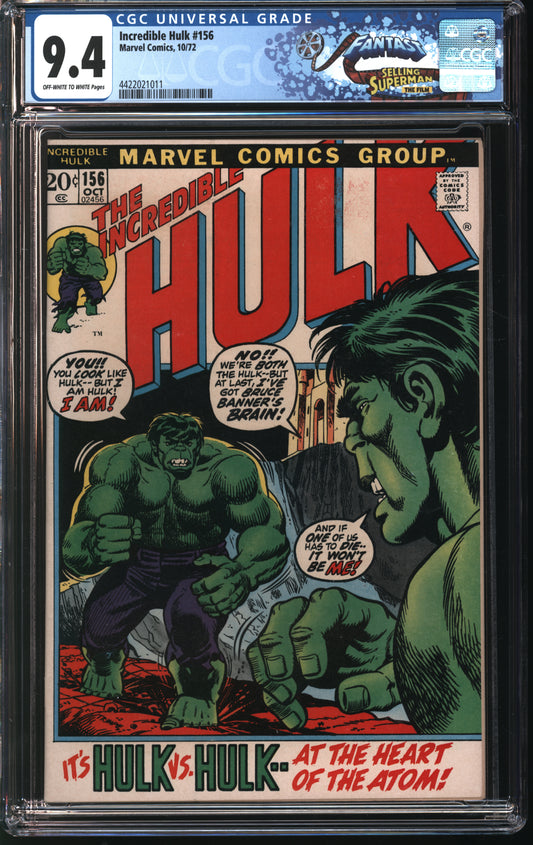 Marvel Comics Incredible Hulk 156 10/72 FANTAST CGC 9.4 Off White to White pages