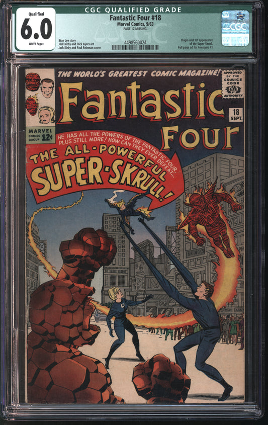 Marvel Fantastic Four 18 9/63 CGC 6.0 QUALIFIED (Page 12 missing) Off White Pages