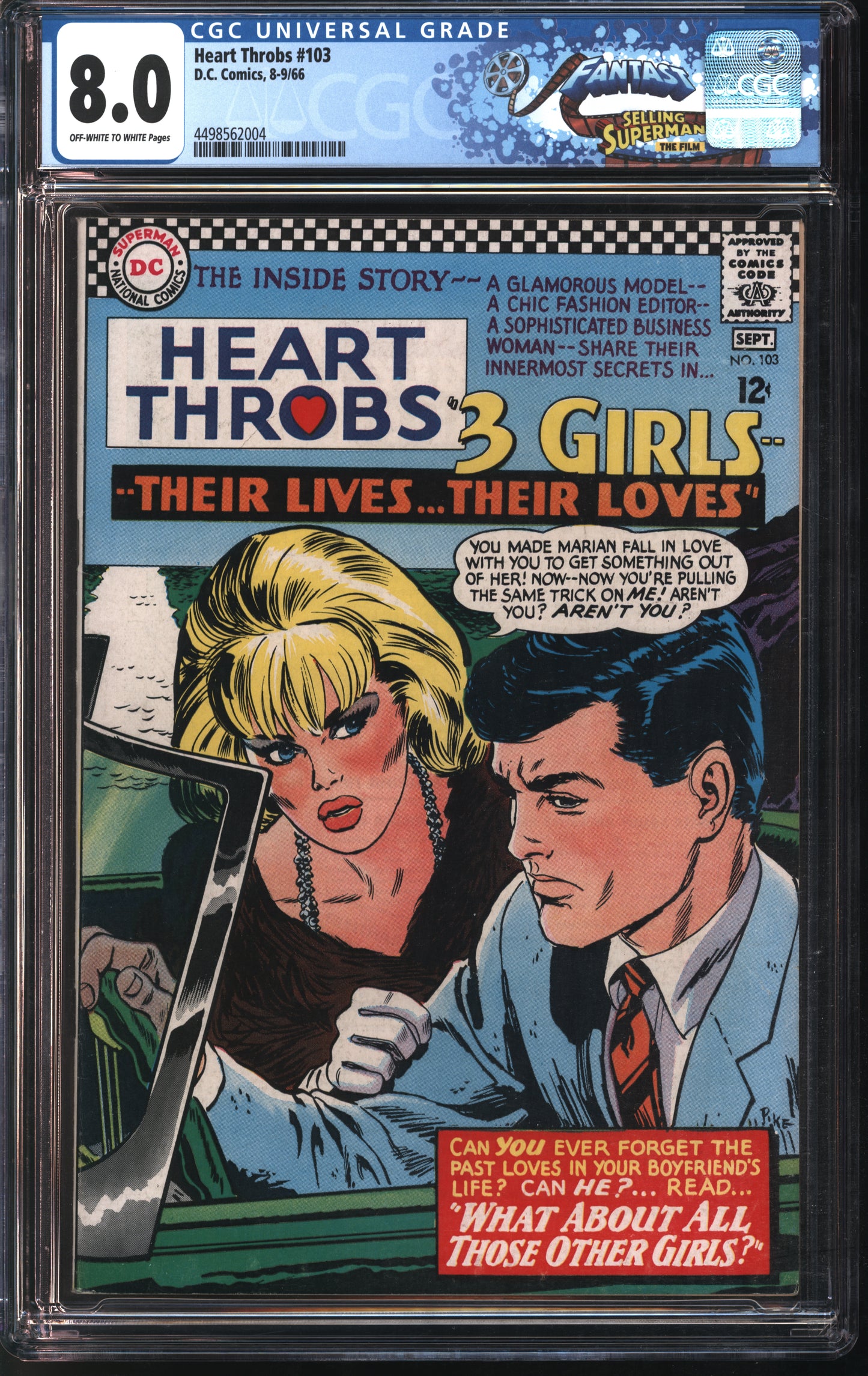 D.C. Comics Heart Throbs #103 8-9/66 FANTAST CGC 8.0 Off-White to White Pages