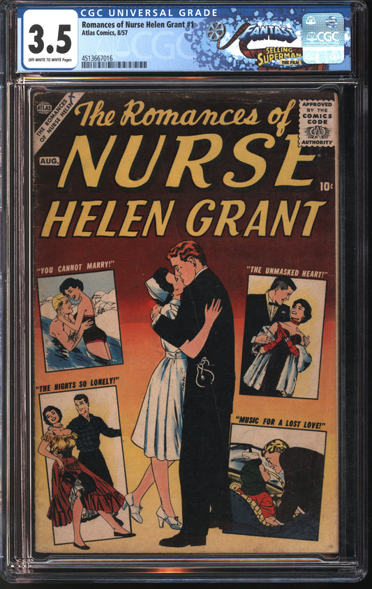Atlas Comics Romances of Nurse Helen Grant #1 8/57 FANTAST CGC 3.5 Off-White to White Pages