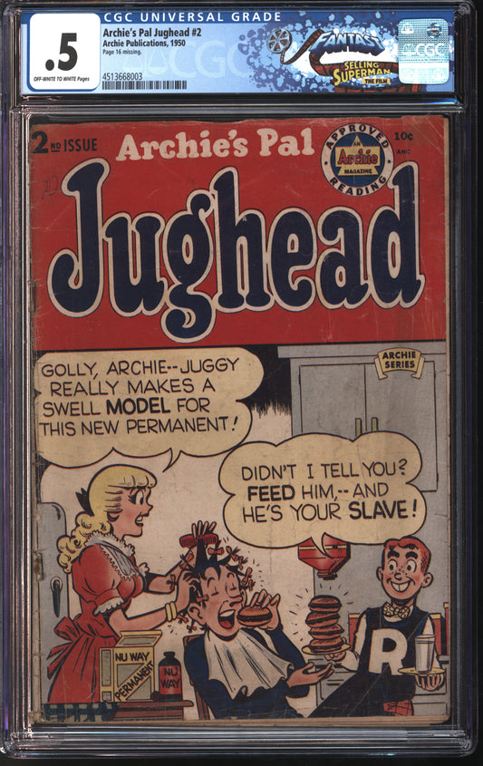 Archie Publications Archie's Pal Jughead #2 1950 FANTAST CGC 0.5 Off-White to White Pages