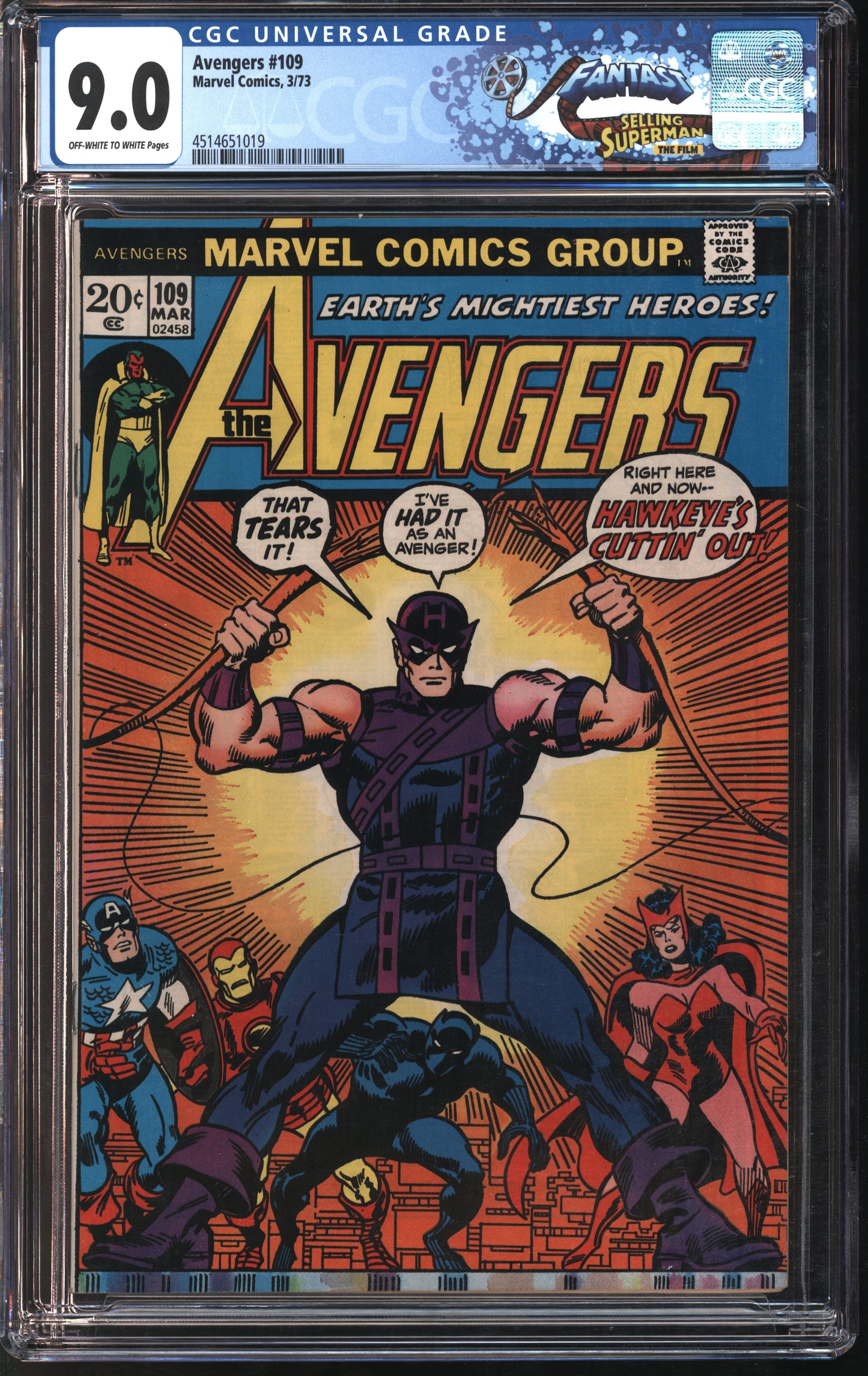 Marvel Avengers #109 3/73 FANTAST CGC 9.0 Off-White to White Pages