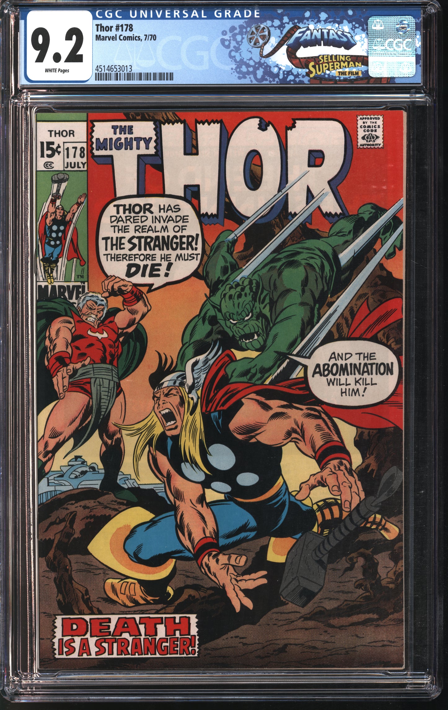 Marvel Thor #178 7/70 FANTAST CGC 9.2 White Pages