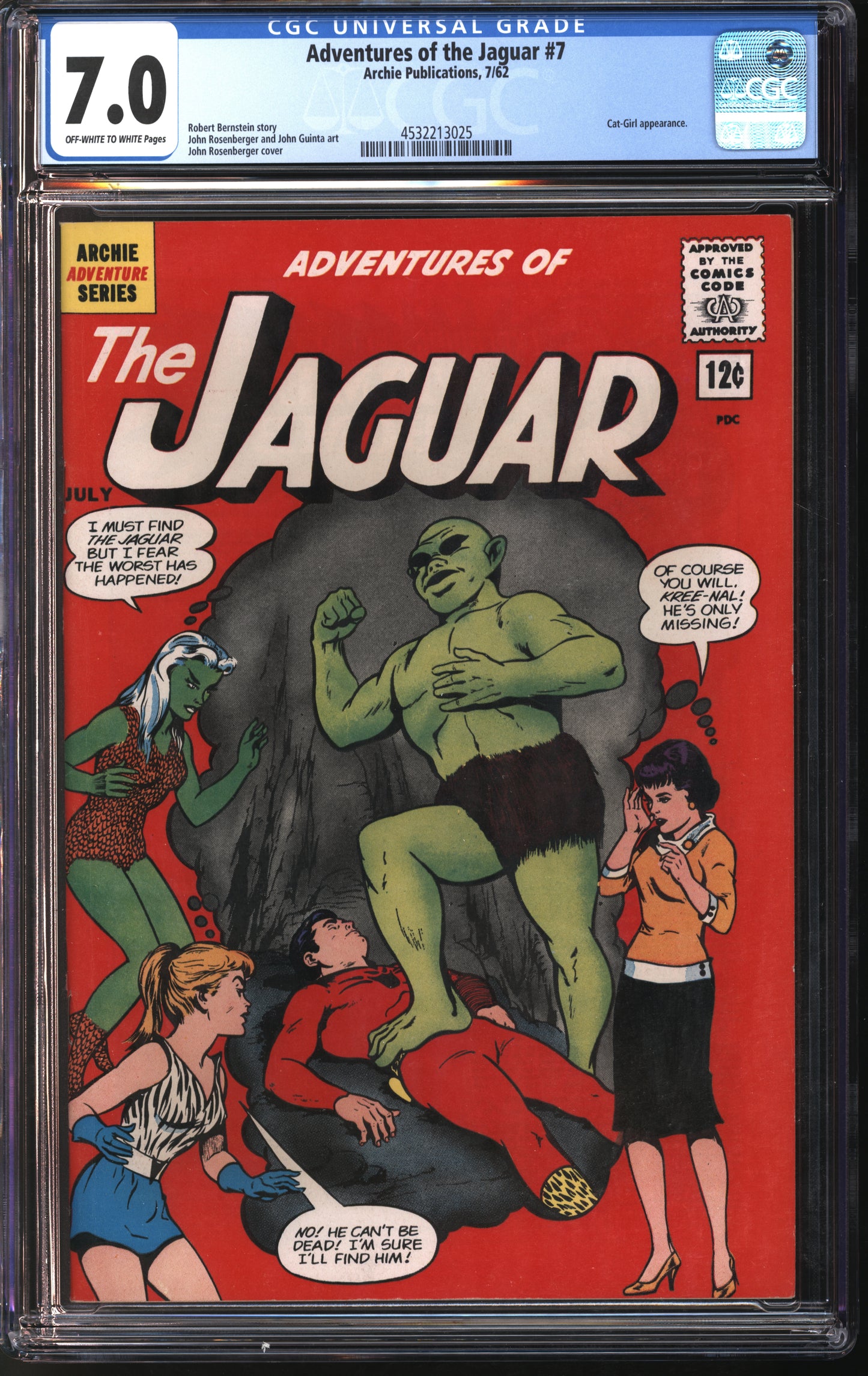Archie Pub. Adventures of the Jaguar #7 7/62 CGC 7.0 Off-White to White Pages