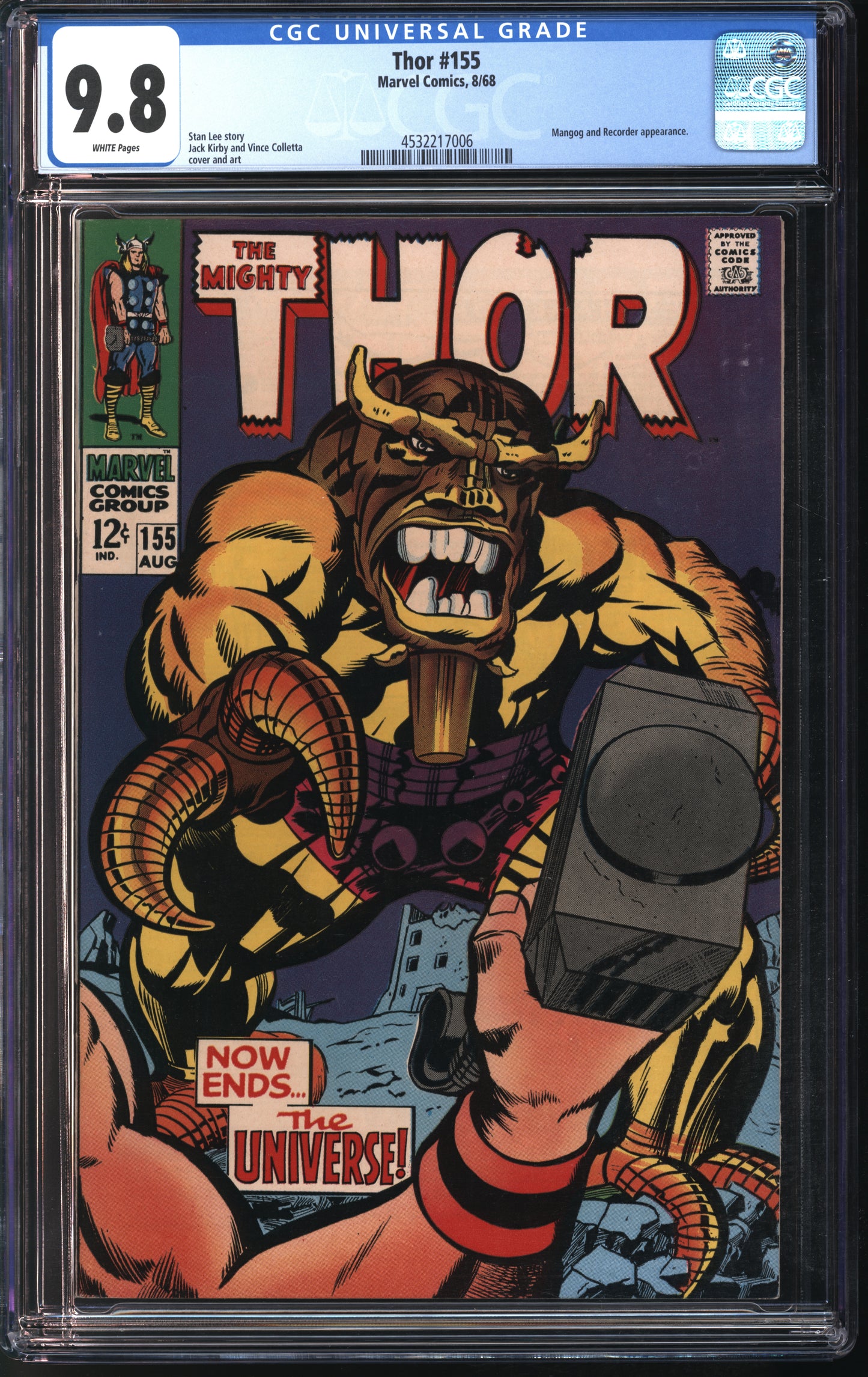 Marvel Comics Thor #155 8/68 CGC 9.8 White Pages