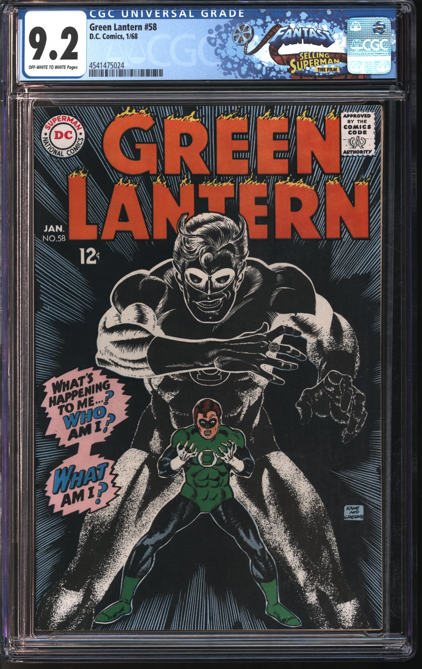 D.C. Comics Green Lantern #58 1/68 FANTAST CGC 9.2 Off-White to White Pages