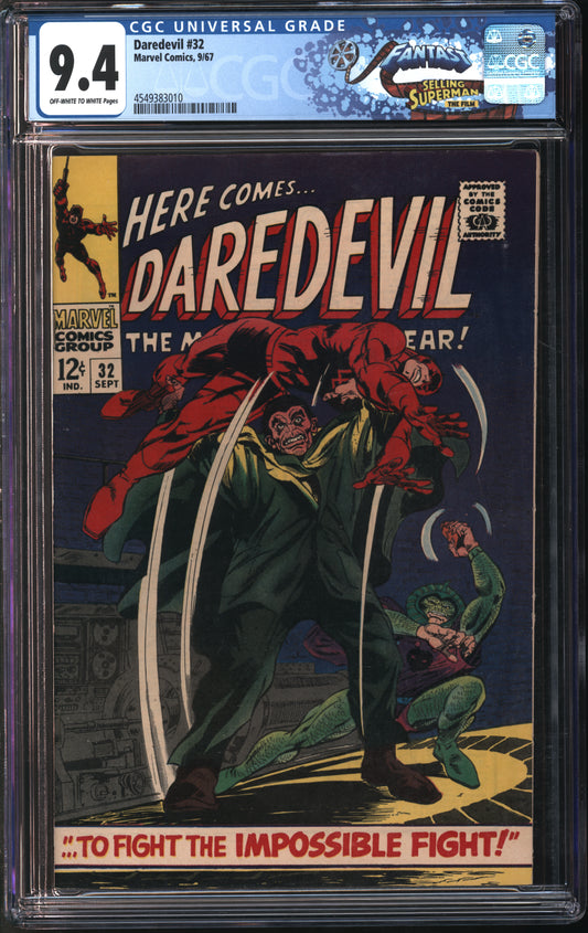 Marvel Comics Daredevil #32 9/67 FANTAST CGC 9.4 Off-White to White Pages