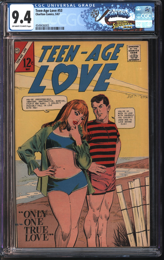 Charlton Comics Teen-Age Love #53 5/67 FANTAST CGC 9.4 Off-White to White Pages