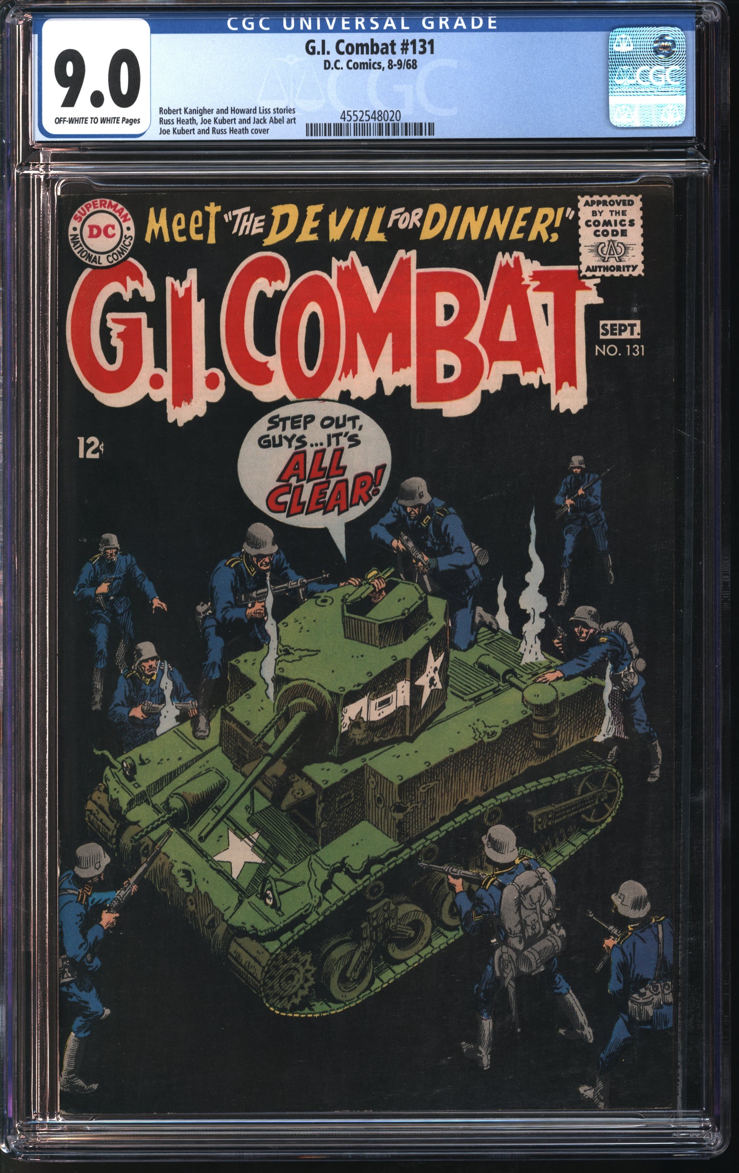 D.C. Comics G.I. Combat #131 8-9/68 CGC 9.0 Off-White to White Pages