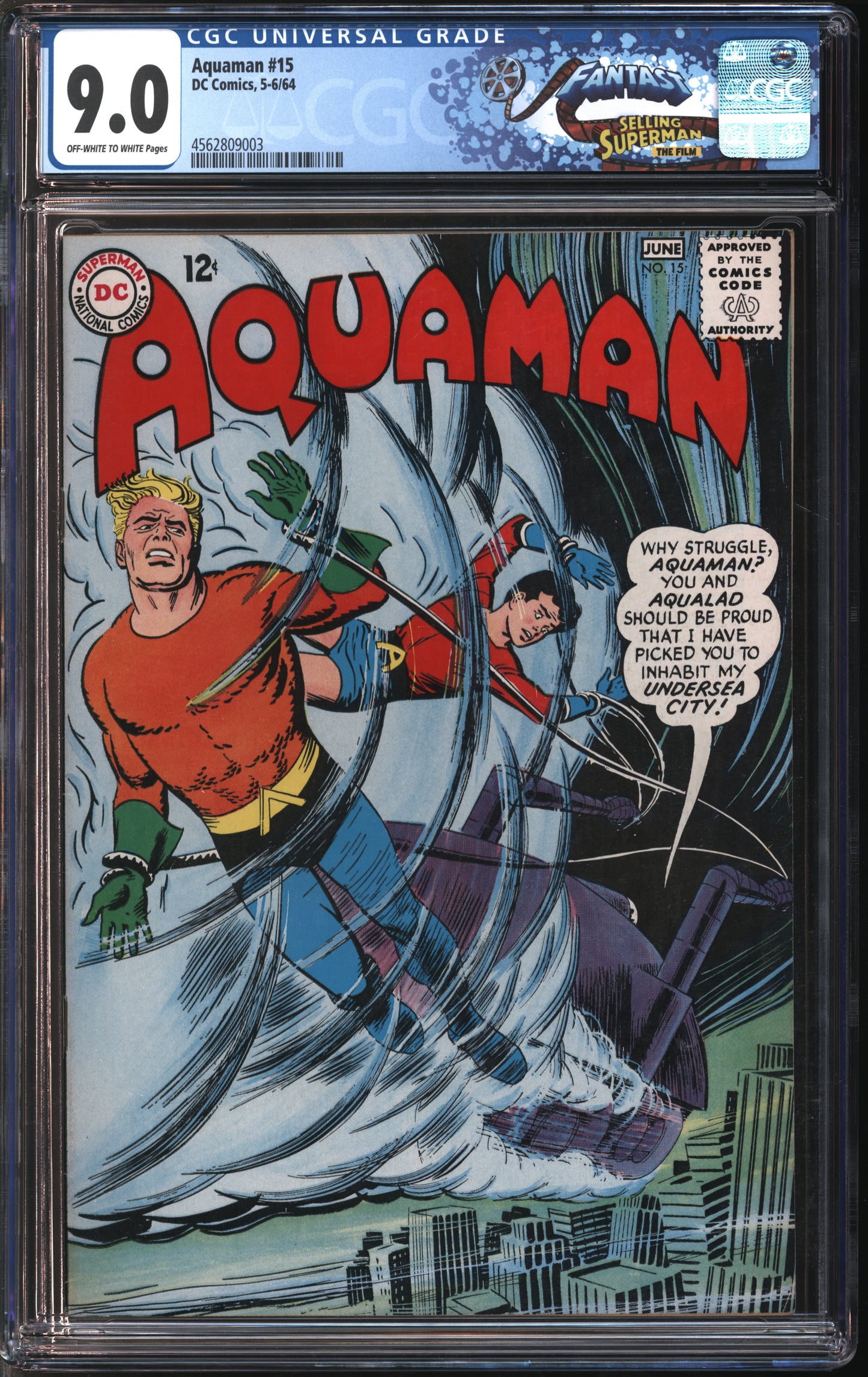 D.C. Comics Aquaman #15 5-6/64 FANTAST CGC 9.0 Off-White to White Pages