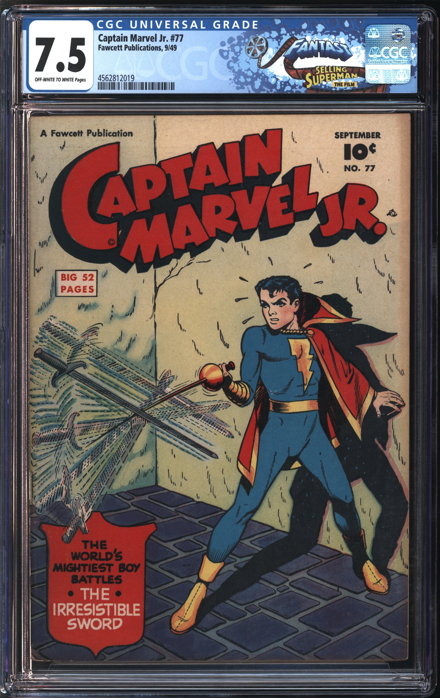 Fawcett Pub. Captain Marvel Jr. #77 9/49 FANTAST CGC 7.5 Off-White to White Pages