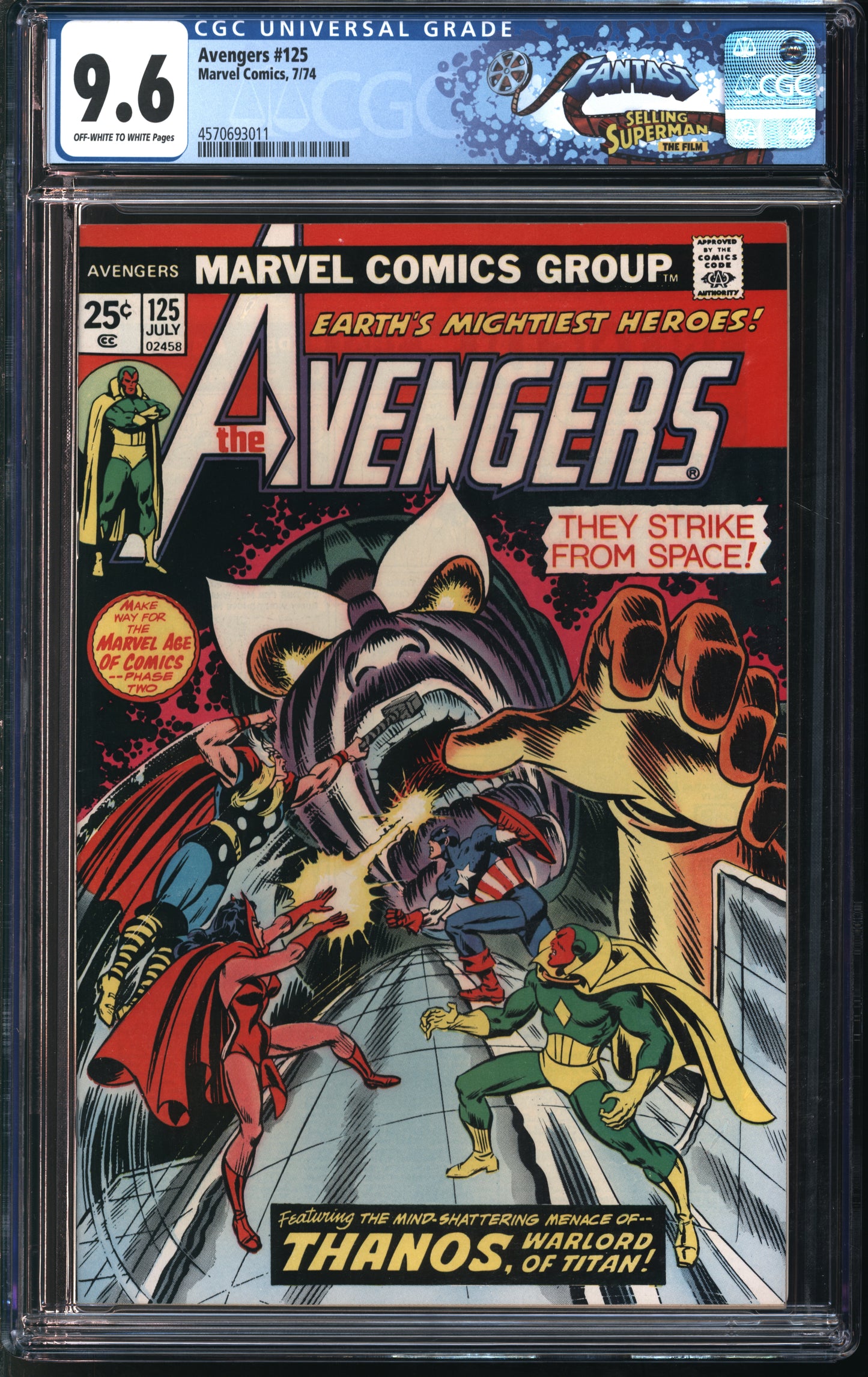Marvel Comics Avengers #125 7/74 FANTAST CGC 9.6 Off-White to White Pages