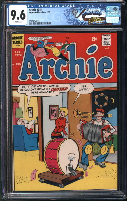 Archie Pub. Archie #215 2/72 FANTAST CGC 9.6 White Pages