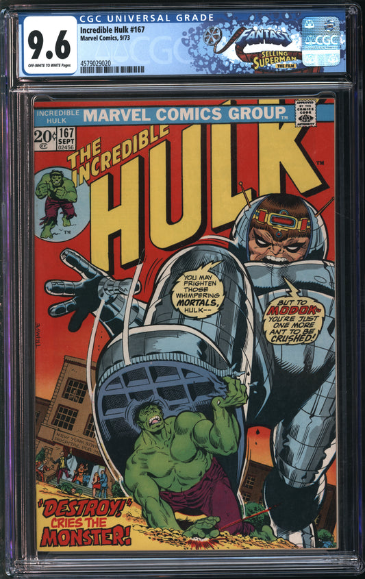 Marvel Comics Incredible Hulk #167 9/73 FANTAST CGC 9.6 Off-White to White Pages