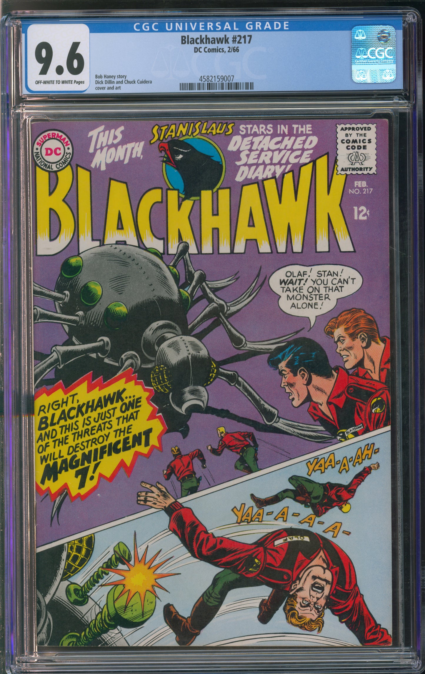 D.C. Comics Blackhawk #217 2/66 CGC 9.6 Off-White to White Pages