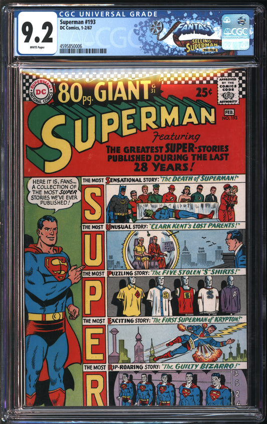 D.C. Comics Superman #193 1-2/67 FANTAST CGC 9.2 White Pages