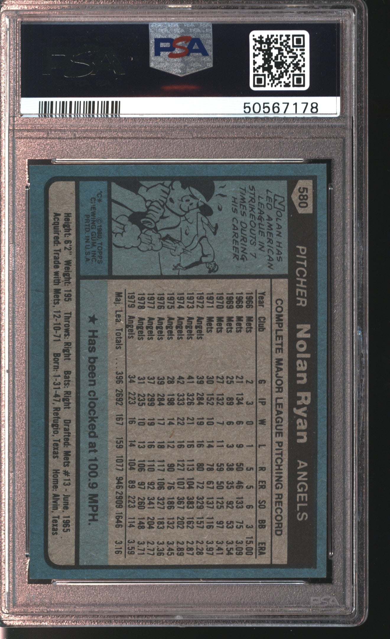 1980 Topps Nolan Ryan #580 Graded PSA 6