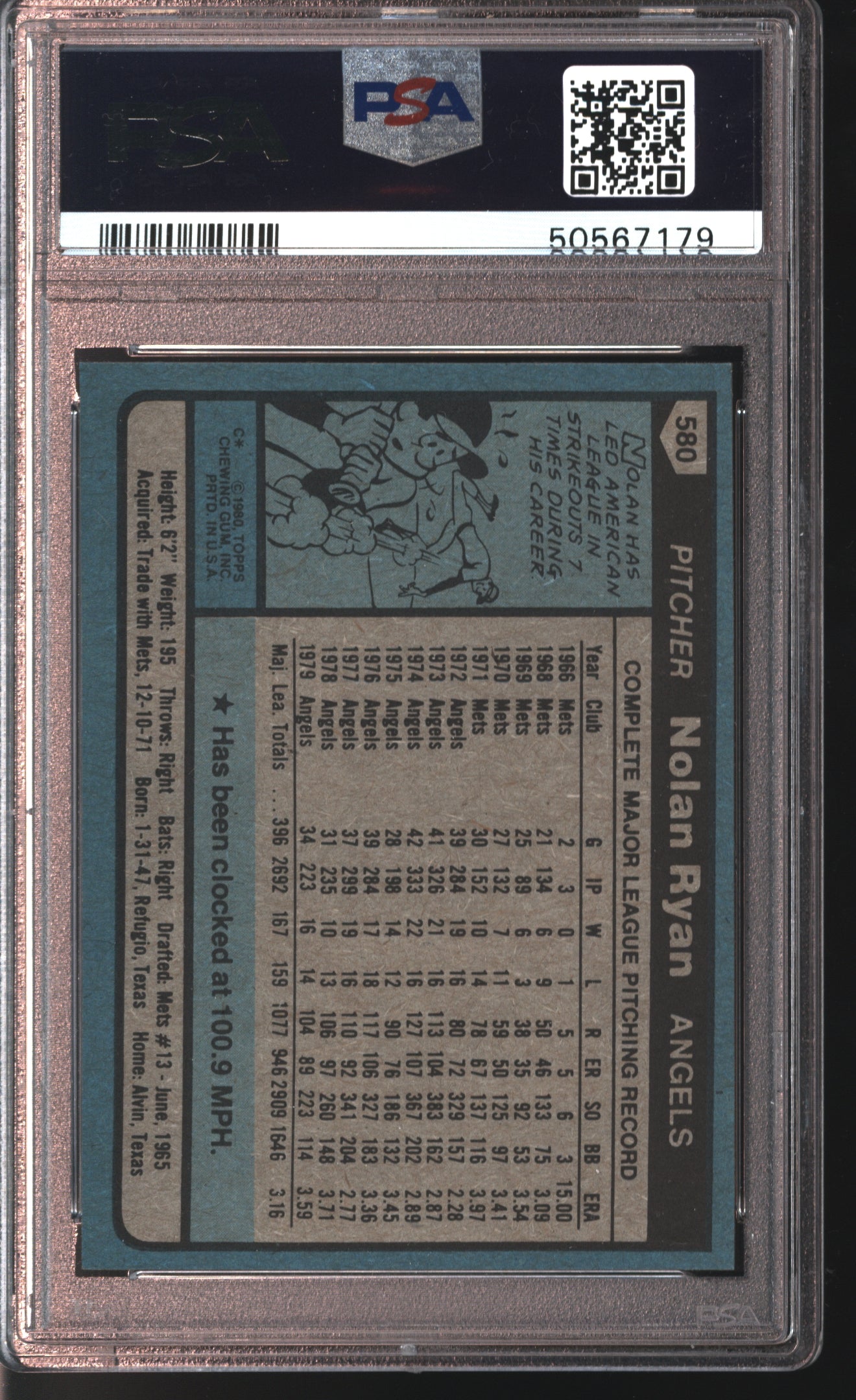 1980 Topps Nolan Ryan # 580 Graded PSA 7